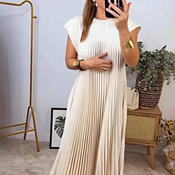 Apricot Casual Women's Solid Color Pleated Loose Spring/Summer Dress - Picture 4 of 4